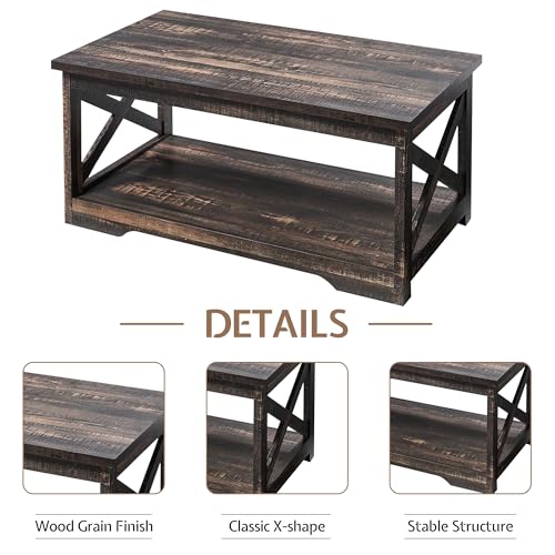3 Piece Living Room Table Set with Barn Door, Black Oak | Includes Coffee Table and 2 End Tables, Charging Station &USB Ports, Rustic Farmhouse Style, Living Room Furniture Set - color: Black Oak