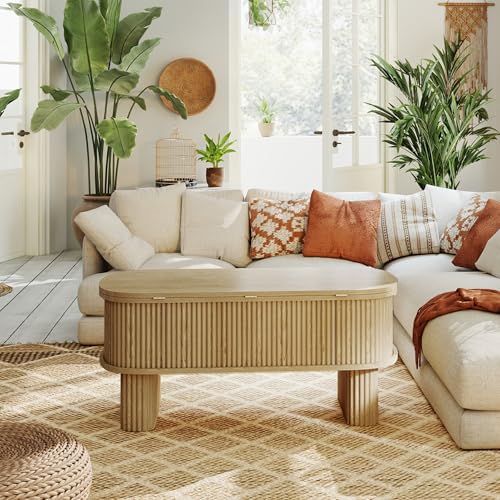 Lift Top Coffee Table with Large Storage,Lifting Converts to Dining Table,Oval Pop Up Coffee Table Fluted Wood Center Table for Living Room,Fully Assembled Space-Saving for Eating&Laptops - color: Oak Wood