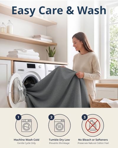 LANE LINEN King Blankets for the Bed - 300 GSM Cotton - Soft & Cozy Blankets - Breathable, Classic Waffle Texture & Durable Warm Blanket - Everyday Bed Use & Relaxing on Couch - 106"x90" - Sharkskin - color: 08: Sharkskin, size: King