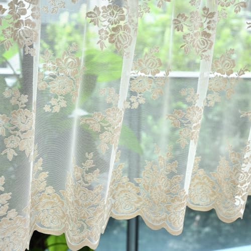 Kotile Beige Lace Valance Curtain for Kitchen Window W52 x L18 Inch 1 Panel | Rod Pocket, Open Lace Drapes Softly, Softens Bright Sun, Vintage Floral, Warm Neutral Look, Upper-Window Detail, Privacy - color: Beige