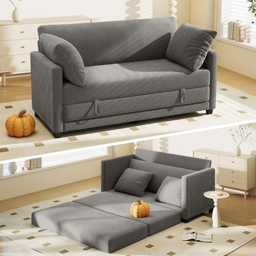 Myroyalsit 65" Convertible Loveseat Sofa Bed, 2-in-1 Folding Sofa Bed with 2 Pillow for Small Spaces, Modern Loveseat Sleeper Couch for Apartment, Living Room & Guest Room (Grey Chenille, 65 inch) - color: Grey, size: 65"