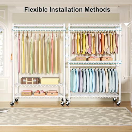 P1 Plus Rolling Clothes Rack, 22mm Diameter Heavy Duty Garment Rack | Freestanding Clothing Rack with Wheels and Double Rods, Portable Closet Wardrobe System Max Load 524lbs, White - color: White, size: P1 Plus