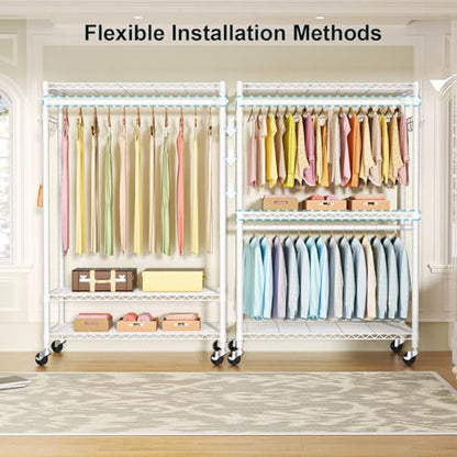 P1 Plus Rolling Clothes Rack, 22mm Diameter Heavy Duty Garment Rack | Freestanding Clothing Rack with Wheels and Double Rods, Portable Closet Wardrobe System Max Load 524lbs, White - color: White, size: P1 Plus