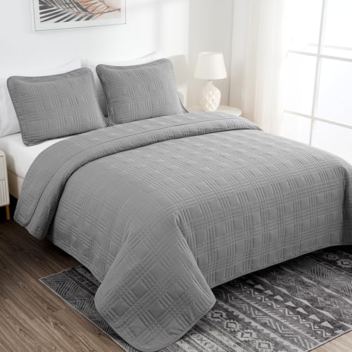 Chezmoi Collection Kingston Queen Size Bedspread Set, 3-Piece Gray Oversized Quilted Microfiber Lightweight Bedspread Coverlet (100"x106") for All Seasons - color: Gray, size: Queen