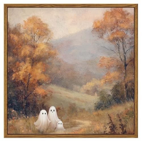 Framed Cute Halloween Ghost Canvas Wall Art 12x12, Vintage Square Ghost | Canvas Painting, Whimsical Autumn Landscape Painting with Three Friendly Ghosts, Cozy Cottagecore Halloween Wall Decor - color: Ghostly Fall, size: 12"L x 12"W