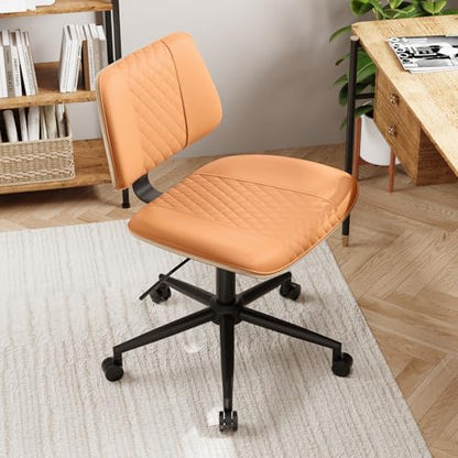 Modern Armless Office Chair with Wheels, Wide Seat Walnut, Brown | Adjustable Swivel Desk Chair with Mid Back & Tilt Function, Faux PU Leather Mid Century Modern Task Office Chair, 300LBS Cap - color: Brown, size: MCM Style Wide Seat