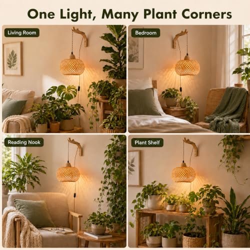 Wall Mounted Grow Lights for Indoor Plants with Timer, Hanging Light | 3500K Full Spectrum Pendant Grow Light, Rattan Shade Decorative Plant Light, 19.7FT Cord for Living Room Corners Plants