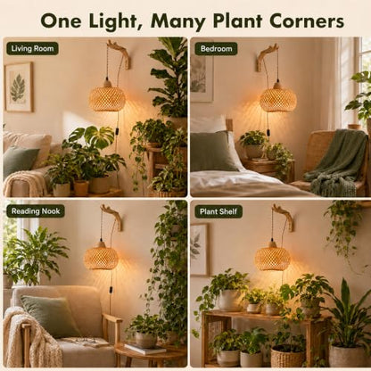 Wall Mounted Grow Lights for Indoor Plants with Timer, Hanging Light | 3500K Full Spectrum Pendant Grow Light, Rattan Shade Decorative Plant Light, 19.7FT Cord for Living Room Corners Plants