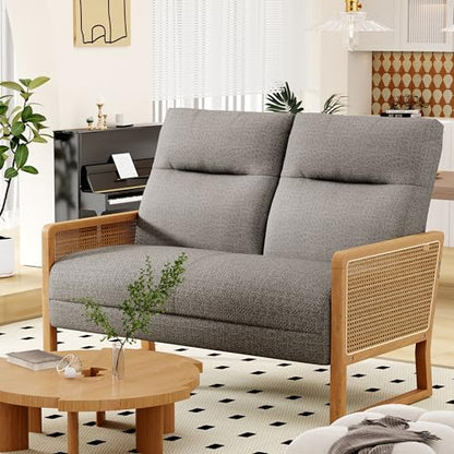 Alunaune Modern Loveseat Bench Couch with Natural Rattan Arm, Upholstered Linen Small Love Seat Sofa 2-Seats Living Room Couch Settee, Comfy Lounge Recliner Chair-Taupe - color: Taupe