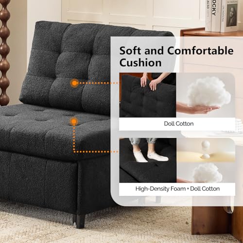 VINGLI Convertible Sofa Bed Tufted Teddy Fleece Sleeper Chair Bed Couch Armless Living Room Chairs with Adjustable Backrest Pull Out Couch Bed for Small Spaces - color: Black
