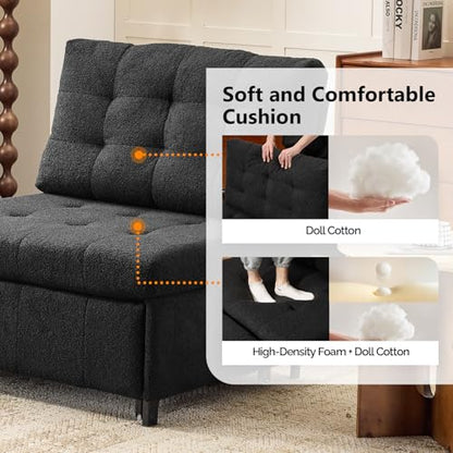 VINGLI Convertible Sofa Bed Tufted Teddy Fleece Sleeper Chair Bed Couch Armless Living Room Chairs with Adjustable Backrest Pull Out Couch Bed for Small Spaces - color: Black