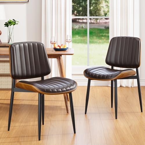 YaFiti Mid Century Dining Chairs with Walnut Bentwood, Set of 2, Brown | Ergonomic Walnut Backrest, Upholstered Waterproof PU Leather Seat, Stable Metal Legs, Adjustable Footpads, Apartment Friendly - color: Brown Pinstripe