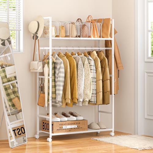 Portable Clothes Rack with Adjustable Shelf Divider, Freestanding Closet Organizers and Storage, Garment Rack and Purse Storage with 8 Hooks, Clothes Organizer on Wheels for Hanging Clothes, White