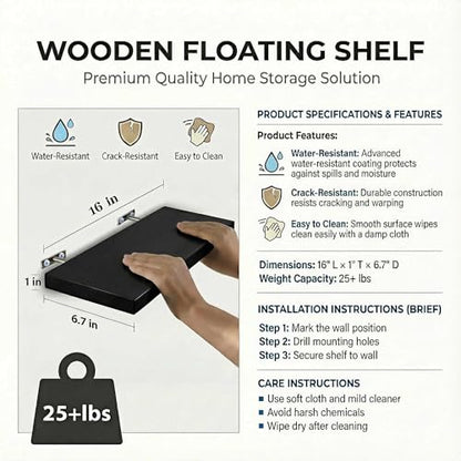 SAUMONIERES Floating Shelves Wall Shelf Solid Wood for Bathroom Bedroom Kitchen Set of 3, Black Wall Shelves - color: Black, size: 16 Inch-3 shelves