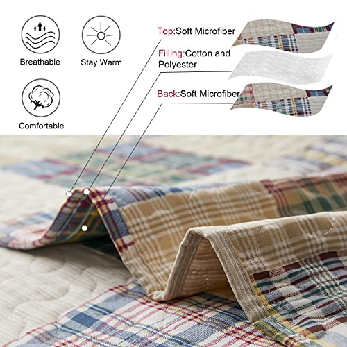 Ycosy Beige Plaid Quilt Set Full/Queen Size Patchwork Quilts Bedding Plaid Reversible Bedspread Coverlet Soft Lightweight Bed Cover Set All Season,1 Quilt 2 Pillow Shams - color: Beige, size: Full/Queen