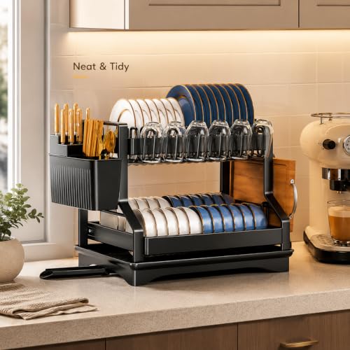 Fandian Black Dish Drying Rack 2 Tier Dish Racks for Kitchen Counter and Sink, Large Dish Drying Rack with Drainboard & Utensil Holders Stainless Steel Dish Drainers Kitchen Organization and Storage - color: Black Dish Racks