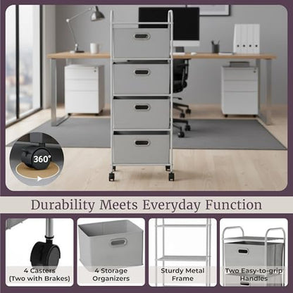 4-Drawer Fabric Dresser - Slim Clothes Storage Organizer with Wheels and Metal Frame - Rolling Cart for Closet, Home, or Office by Lavish Home (Gray)