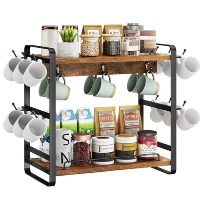 IBUYKE Kitchen Mug Cup Holder,2 Tier Coffee Bar Organizer,Brown TBJ006H | Coffee Bar Station Countertop Organizer Coffee Mug Stand with 18 Hooks,Multifunctional Mug Tree for Home Kitchen Office - color: Rustic Brown