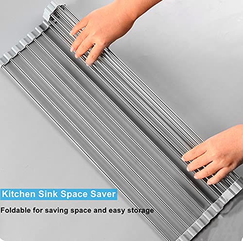 Seropy Roll Up Dish Drying Rack Over The Sink for RV Sink 17.5x15.7 in Kitchen Drying Rack Folding Dish Drainer Mat Rolling Dish Rack Foldable Rack Stainless Steel Wide Kitchen Dry Rack - color: Gray, size: 17.5 x 15.7 in