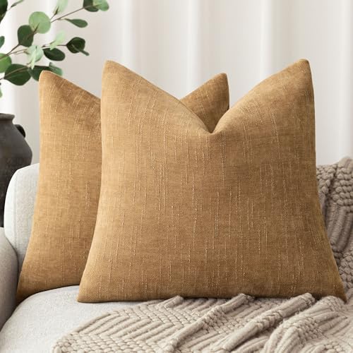 Foindtower Set of 2 Soft Textured Chenille Throw Decorative Pillow Covers Square Accent Solid Cushion Cover Neutral Farmhouse Pillow Case for Couch Sofa Bedroom Living Room 16x16 Inch,Golden Brown - color: Amber Gold, size: 16" x 16" (Pack of 2)