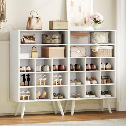 5 Tiers Shoe Cubby with Legs, Stackable Wood Shoe Rack Organizer with 9-Cube and 2 Storage Shelves, Holds 10-15 Pairs, Freestanding Shoe Rack for Closet, Entryway, Apartment, White - color: White