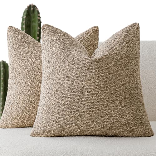 Foindtower Set of 2, Decorative Textured Boucle Throw Pillow Covers Accent Solid Pillow Cases Soft Cozy Couch Cushion Case for Chair Sofa Bedroom Living Room Home Decor 16 x 16 Inch Taupe Khaki Camel - color: Camel, size: 16" x 16" (Pack of 2)