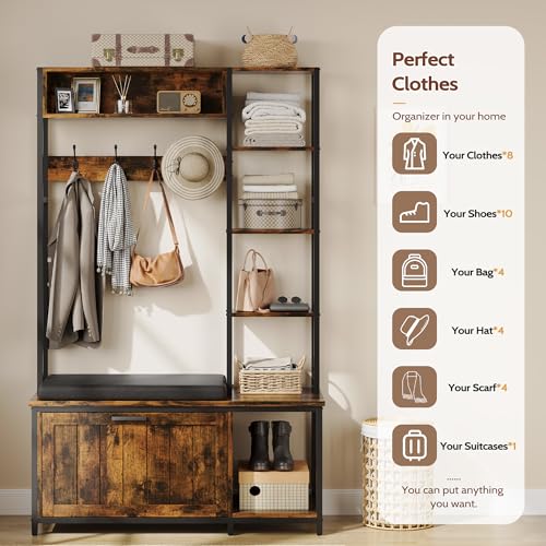Hall Tree Coat Rack, Hall Tree With Bench and Shoe Storage Shoe With, Mud Room Storage Furniture，39.37 X 15.74 X 69.69 Inches, Brown - color: Brown