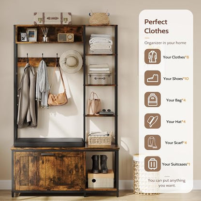 Hall Tree Coat Rack, Hall Tree With Bench and Shoe Storage Shoe With, Mud Room Storage Furniture，39.37 X 15.74 X 69.69 Inches, Brown - color: Brown