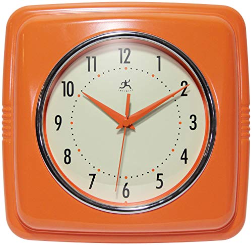 Infinity Instruments Retro – 9 Inch Square Silent Non-Ticking Mid Century Modern – Kitchen, School, Classroom – Vintage Decorative – Orange - color: Orange