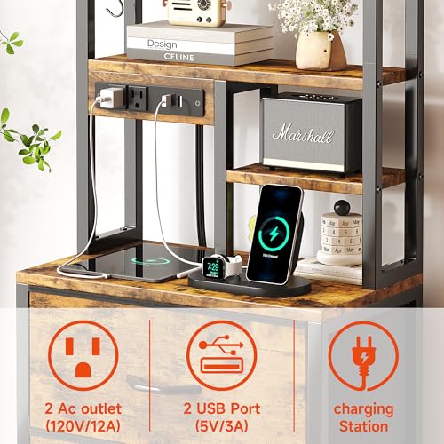 COTUBLR Night Stand, Tall Nightstand with Charging Station and LED Lights, Side Table with 4-Tier Shelves and 3 Fabric Drawers, 45.3" Tall Bedside End Tables for Bedroom, Hallway, Office, Rustic Brown - color: Rustic Brown