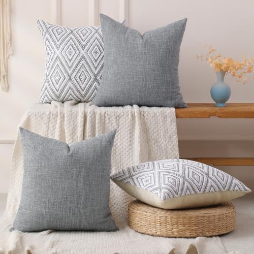 HPUK Throw Pillow Covers 18x18, Set of 4, Grey Textured Couch Pillow Covers | Polyester fabric, patterned and solid designs, hidden zippers, machine washable, for sofas and beds, inserts not included - color: Grey, size: 18" x 18" (Pack of 4)