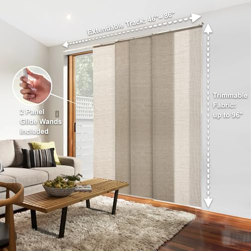 CHICOLOGY Panel Track Blinds, Sand Weave, 86"x96", Cordless, Sliding Door | 4 Fabric Panels, Fits 46–86″ Wide, Wall/Ceiling Mount, Room Divider Ready, Height Trimmable, Child & Pet Safe - color: Woven Sandshell