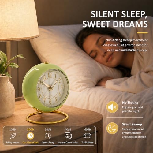 AYRELY® Battery Operated Analog Desk Alarm Clock with Light, Table Clock | Retro Aesthetic Clock with Silent Non-Ticking Movement for Bedside, Bedroom, Kitchen, Office, Travel & Kids' Room(Saga Green) - color: Saga Green