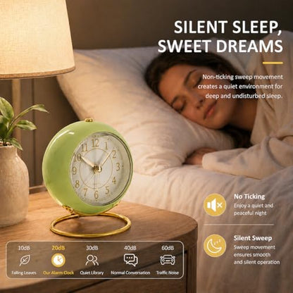 AYRELY® Battery Operated Analog Desk Alarm Clock with Light, Table Clock | Retro Aesthetic Clock with Silent Non-Ticking Movement for Bedside, Bedroom, Kitchen, Office, Travel & Kids' Room(Saga Green) - color: Saga Green
