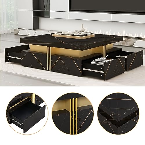 Modern Black Square Storage Coffee Table with 4 Drawers for Living Room - color: Black1