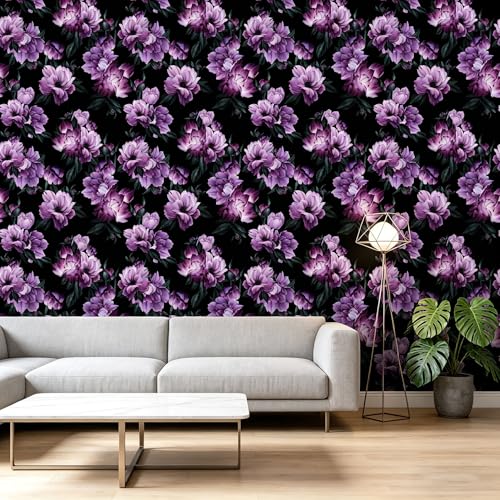 Purple Flowers Peel and Stick self Adhesive Wallpaper Floral - 96''x32'' - color: X12, size: 32" x 96"