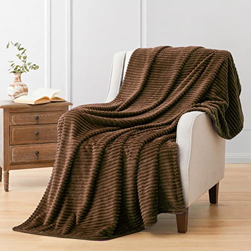 Vessia Flannel Fleece Throw Blanket(50X70 Inch), 300GSM Cozy Brown Stripe Throw for Couch, Sofa and Bed, Warm and Soft Chocolate Microfiber Ribbed Blanket for All Season - color: Brown, size: 50x70 inch