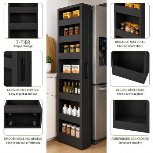 Tall Narrow Storage Cabinet, 71 Inch Tall, 8 Inch Wide, Black | 7-Shelf Slim Pull-Out Organizer with Wheels for Small Spaces, Kitchen, Bathroom, Laundry Room and Narrow Gaps - color: D-black