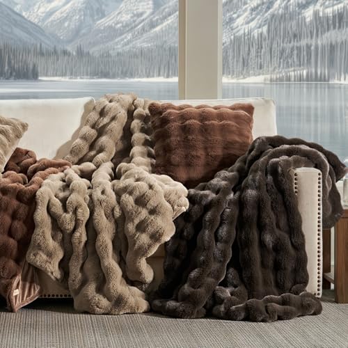 Faux Rabbit Fur Bubble Throw Blanket, 60"x80", Greige | Ultra Soft, Luxury Faux Rabbit Fur Throw, Thick Warm Bubble Blanket, Cozy Fluffy Reversible, for Bed, Couch, Chair, Sofa - color: Greige, size: 60"x80"