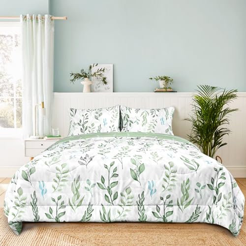 DILIMI Full Size Comforter Set for Girls, 5 Pieces Reversible Bedding Set, Ultra Soft Green Leaf Full Size Bed Comforter Sets with Sheet, Comforter, Flat Sheet, 2 Pillowcase - color: Green Leaf, size: Full