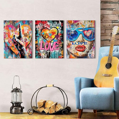Banksy Wall Art Graffiti Pop Art Street Pictures for Bedroom Living Room Wall Decor Fashion Women Paintings Canvas Prints Abstract Gesture Love Sign Posters Modern Artwork Home Decoration 12x16" 3P - color: Banksy Art, size: 12"l X 16"w