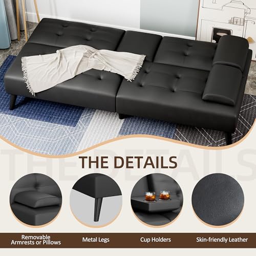 Shintenchi Futon Sofa Bed, Leather Foldable Futon Couch, Reclining Sleeper with Removable Armrests, Upholstered Loveseat Sofa Couch with Folding Cup Holders for Home, Office(Black)