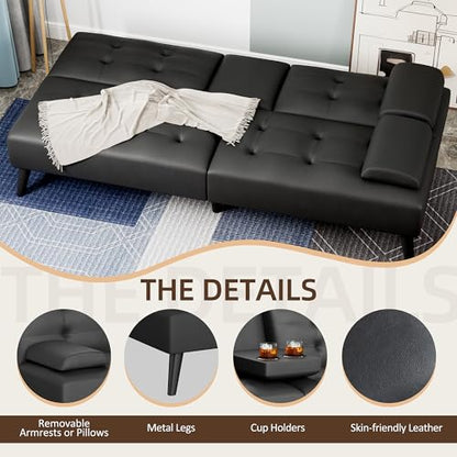 Shintenchi Futon Sofa Bed, Leather Foldable Futon Couch, Reclining Sleeper with Removable Armrests, Upholstered Loveseat Sofa Couch with Folding Cup Holders for Home, Office(Black)