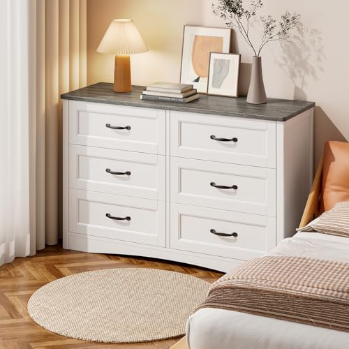 Gizoon 47" 6 Drawer Dresser, White & Grey Chest of Drawers Bedroom | 6 drawer wood dresser with metal handles. Storage cabinet organizer for bedroom, kids nursery room and home office - color: Grey