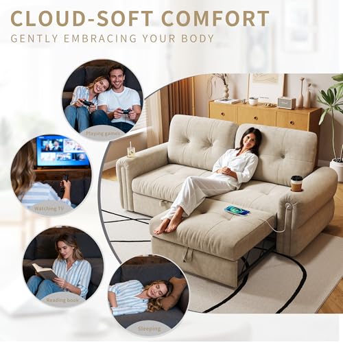 80.4" Queen Sleeper Sofa Bed, 3 in 1 Convertible Pull Out Couch with USB Ports & Cup Holders, Modern Chenille Loveseat Sofabed with Adjustable Backrest for Living Room, Bedroom, Apartment - color: Beige, style: Sofabed w/USB &Cup Holders