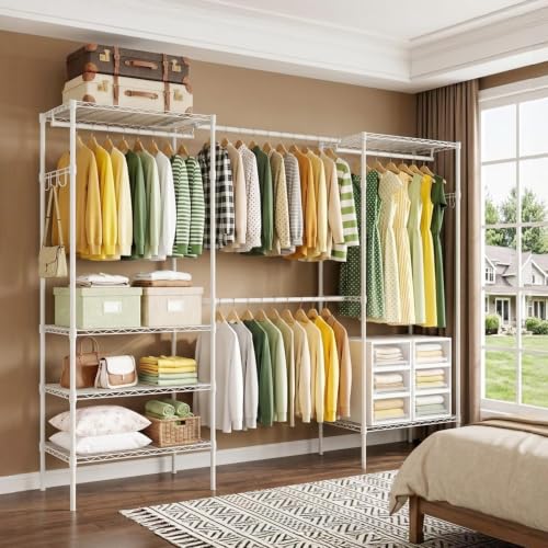 Expandable Clothes Rack, 15.7" D x (70.9"-90.6") W x 76.8" H, White | Freestanding Wire Garment Clothing Rack with 4 Hanging Rods, Max Load 1000lbs, Adjustable, Heavy Duty - color: White
