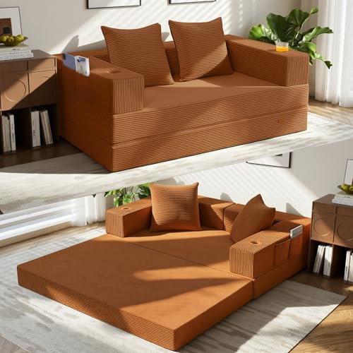 COMAX Futon Sofa Bed, 4‑in‑1 Convertible Sofa Bed, Folding Boneless Couches | Boneless Couch for living room, Fold Out Small Foldable Loveseat Floor Sleeper Mattress Lounge Space‑Saving, Orange - color: Orange, size: 59"