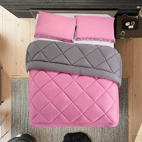 Elegant Comfort Reversible 3-Piece Comforter Set All Season, Ultra Soft, Down Alternative Comforter, F/Q, Pink/Gray - color: Pink/Gray, size: Full/Queen
