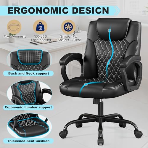 Misolant Office Chair, Executive Desk Chair, PU Leather Comfortable Executive Chairs with Fixed Armrest, Adjustable Height, Rocking Function, 360° Swivel Wheels, Black - color: Black