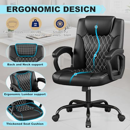 Misolant Office Chair, Executive Desk Chair, PU Leather Comfortable Executive Chairs with Fixed Armrest, Adjustable Height, Rocking Function, 360° Swivel Wheels, Black - color: Black